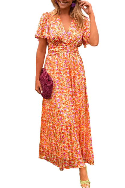 Women’s Short Sleeve Maxi Dress with V-Neck and Floral Design