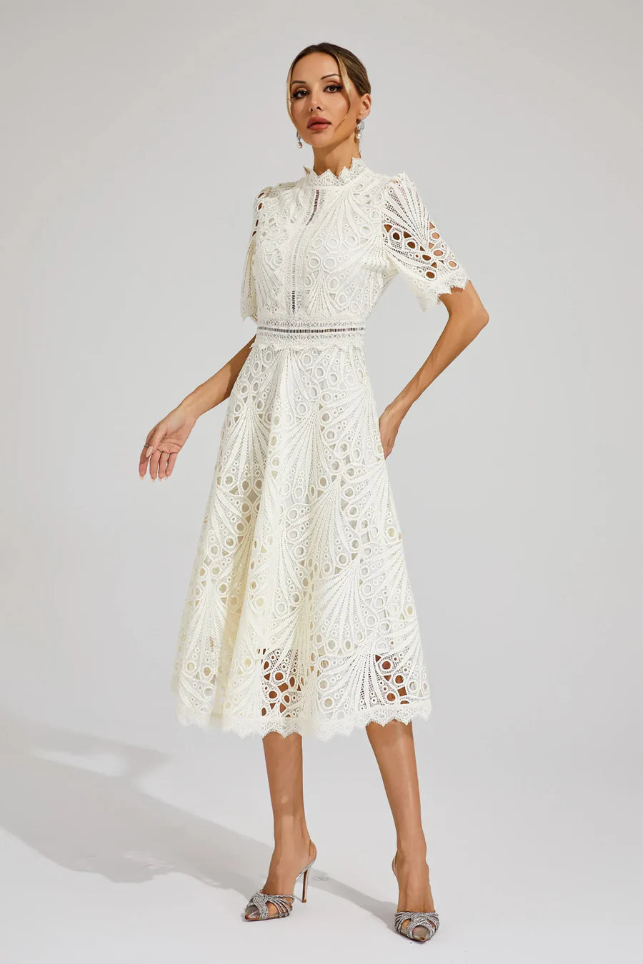 Women’s Short Sleeve Midi Dress with All-Over Lace Design