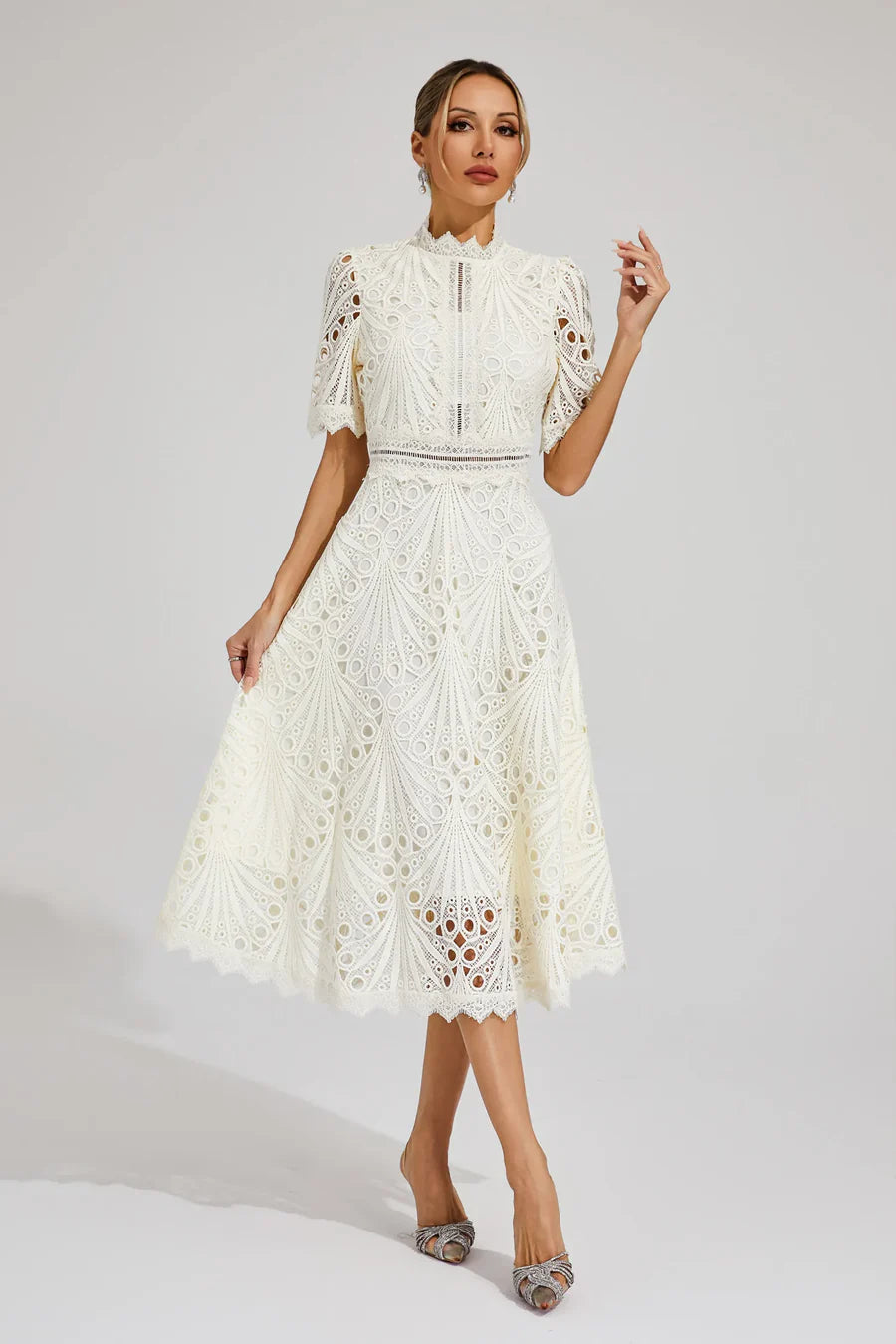 Women’s Short Sleeve Midi Dress with All-Over Lace Design