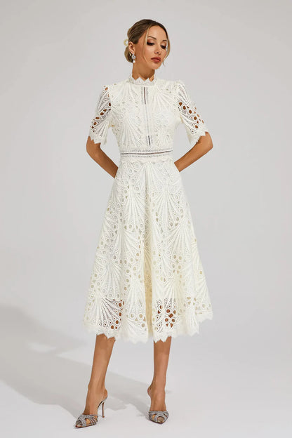 Women’s Short Sleeve Midi Dress with All-Over Lace Design