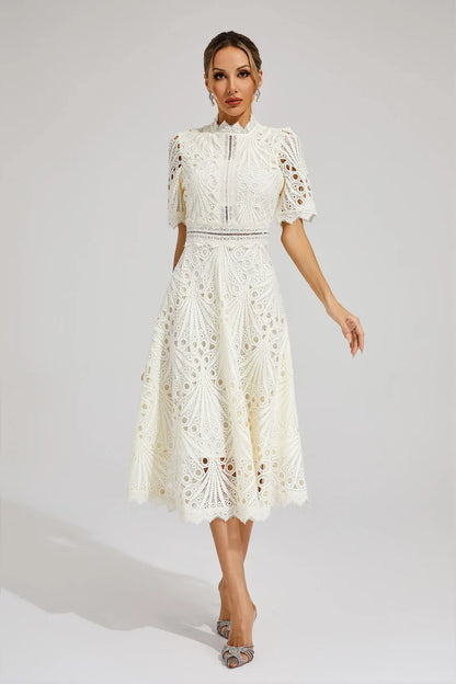 Women’s Short Sleeve Midi Dress with All-Over Lace Design