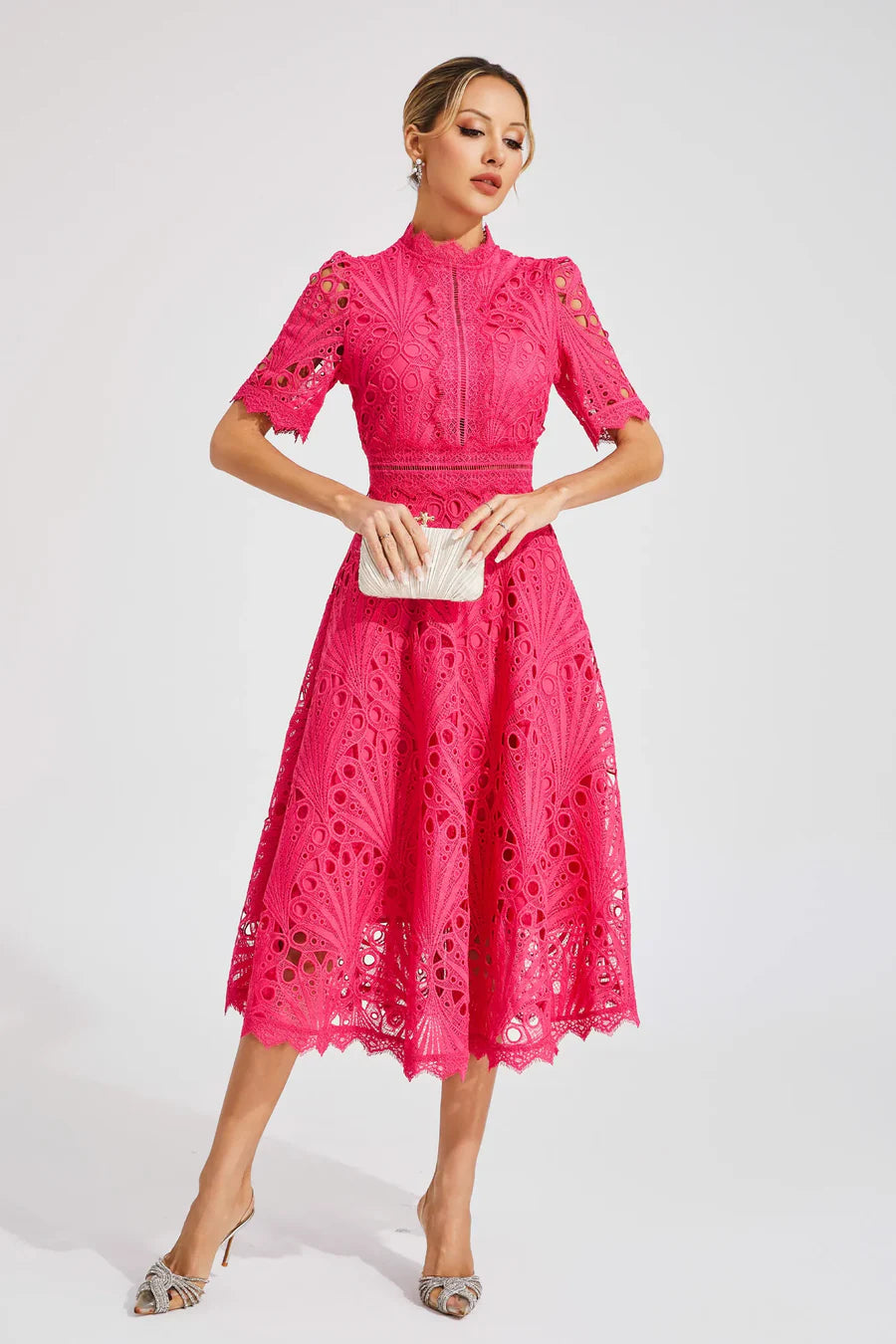 Women’s Short Sleeve Midi Dress with All-Over Lace Design