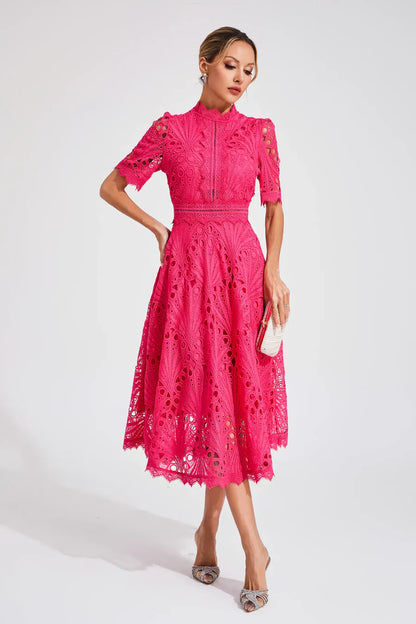 Women’s Short Sleeve Midi Dress with All-Over Lace Design