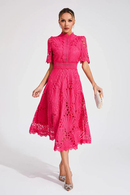 Women’s Short Sleeve Midi Dress with All-Over Lace Design