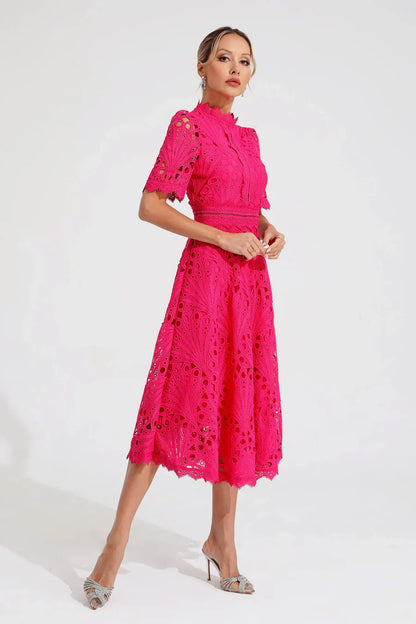 Women’s Short Sleeve Midi Dress with All-Over Lace Design