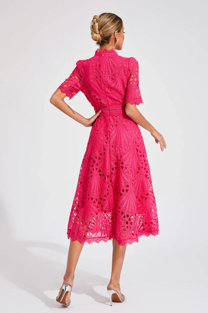 Women’s Short Sleeve Midi Dress with All-Over Lace Design