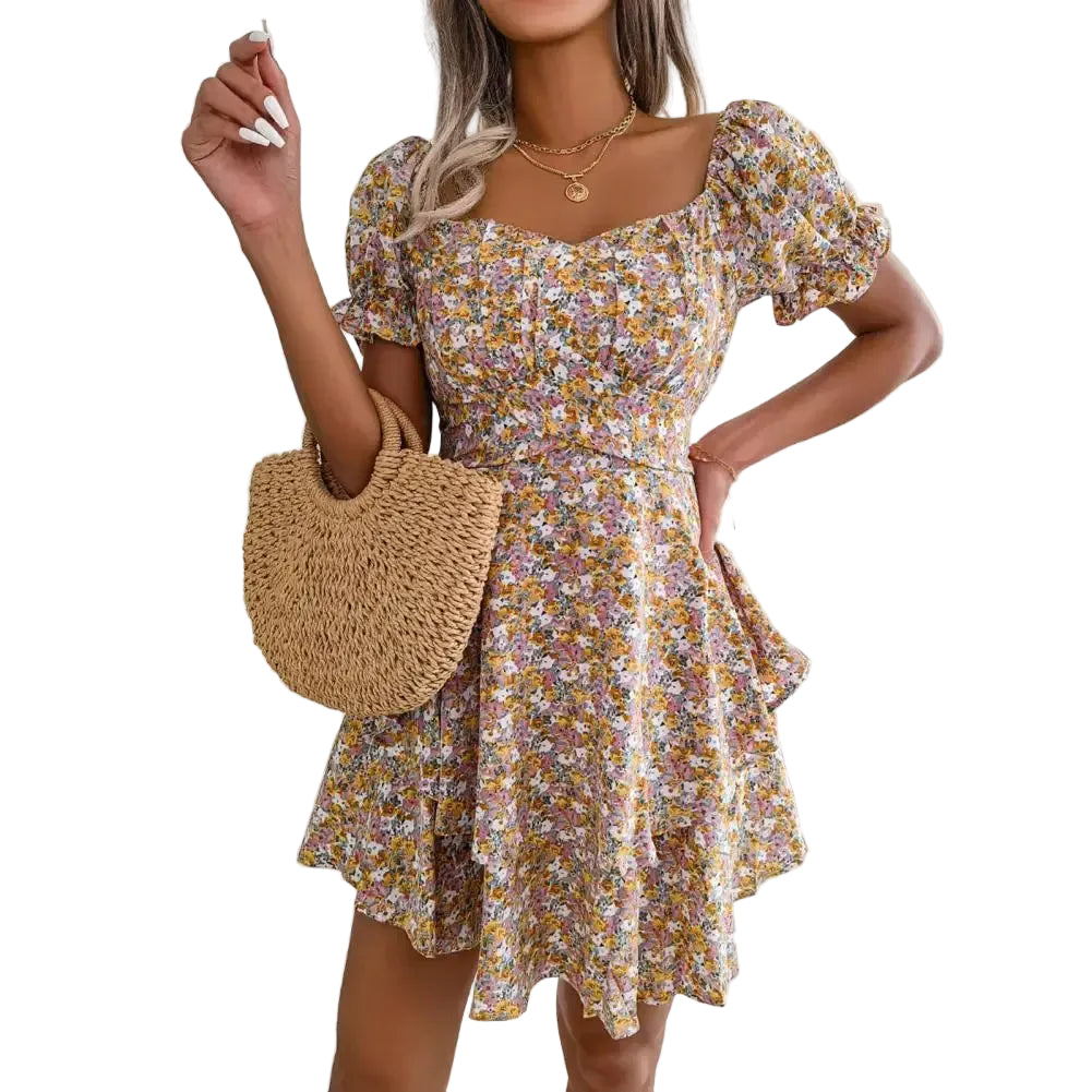 Women’s Short Sleeve Mini Dress with Square Neck and Ruffle Hem