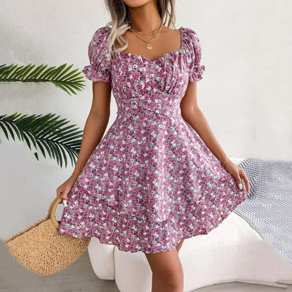Women’s Short Sleeve Mini Dress with Square Neck and Ruffle Hem