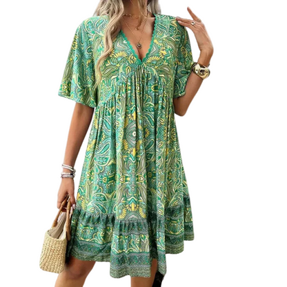 Women’s Short Sleeve Mini Dress with V-Neck and Boho Print