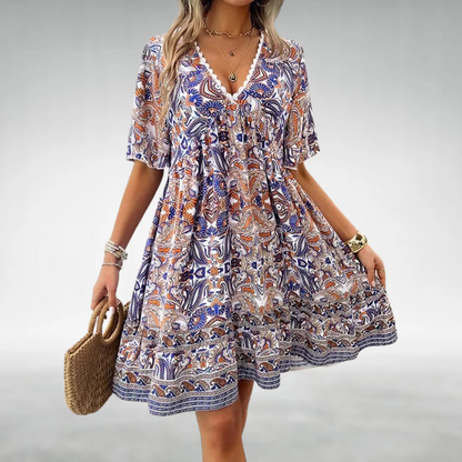 Women’s Short Sleeve Mini Dress with V-Neck and Boho Print