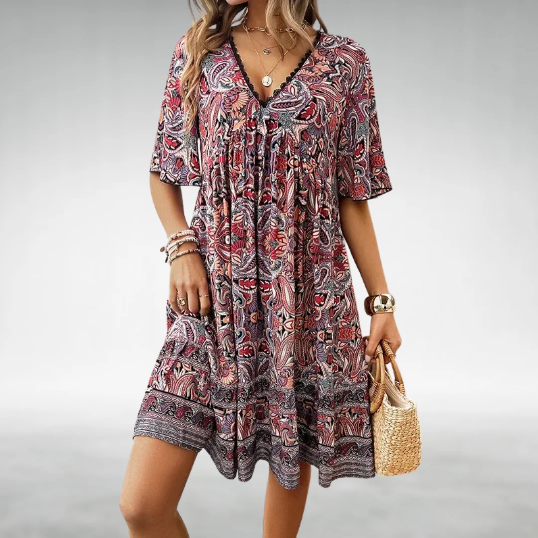 Women’s Short Sleeve Mini Dress with V-Neck and Boho Print