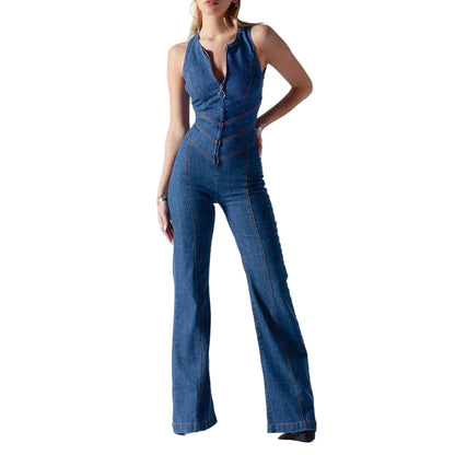 Women’s Sleeveless Denim Zip Front Flared Leg Jumpsuit
