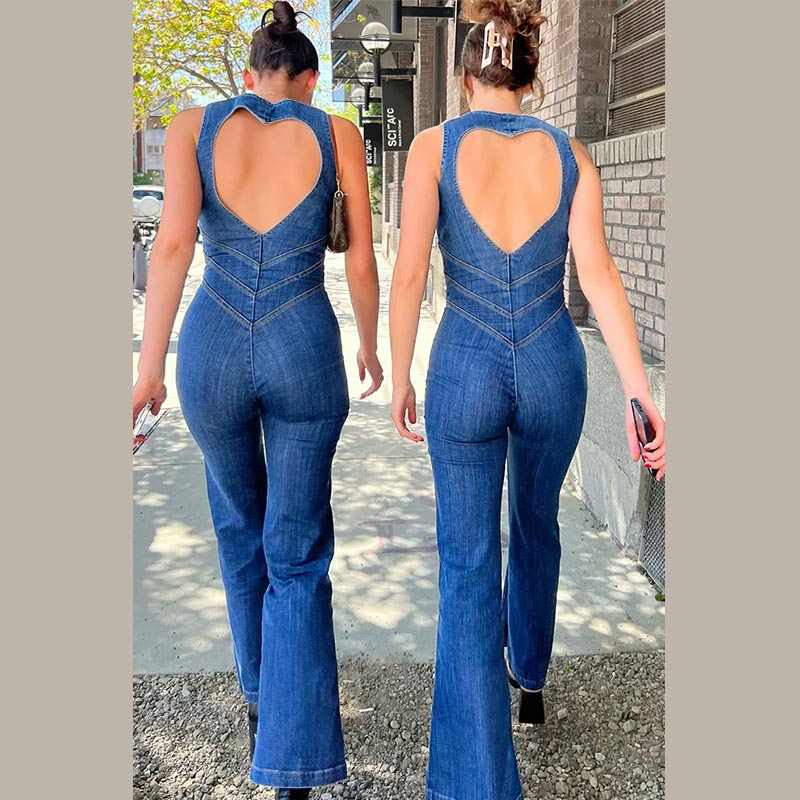 Women’s Sleeveless Denim Zip Front Flared Leg Jumpsuit
