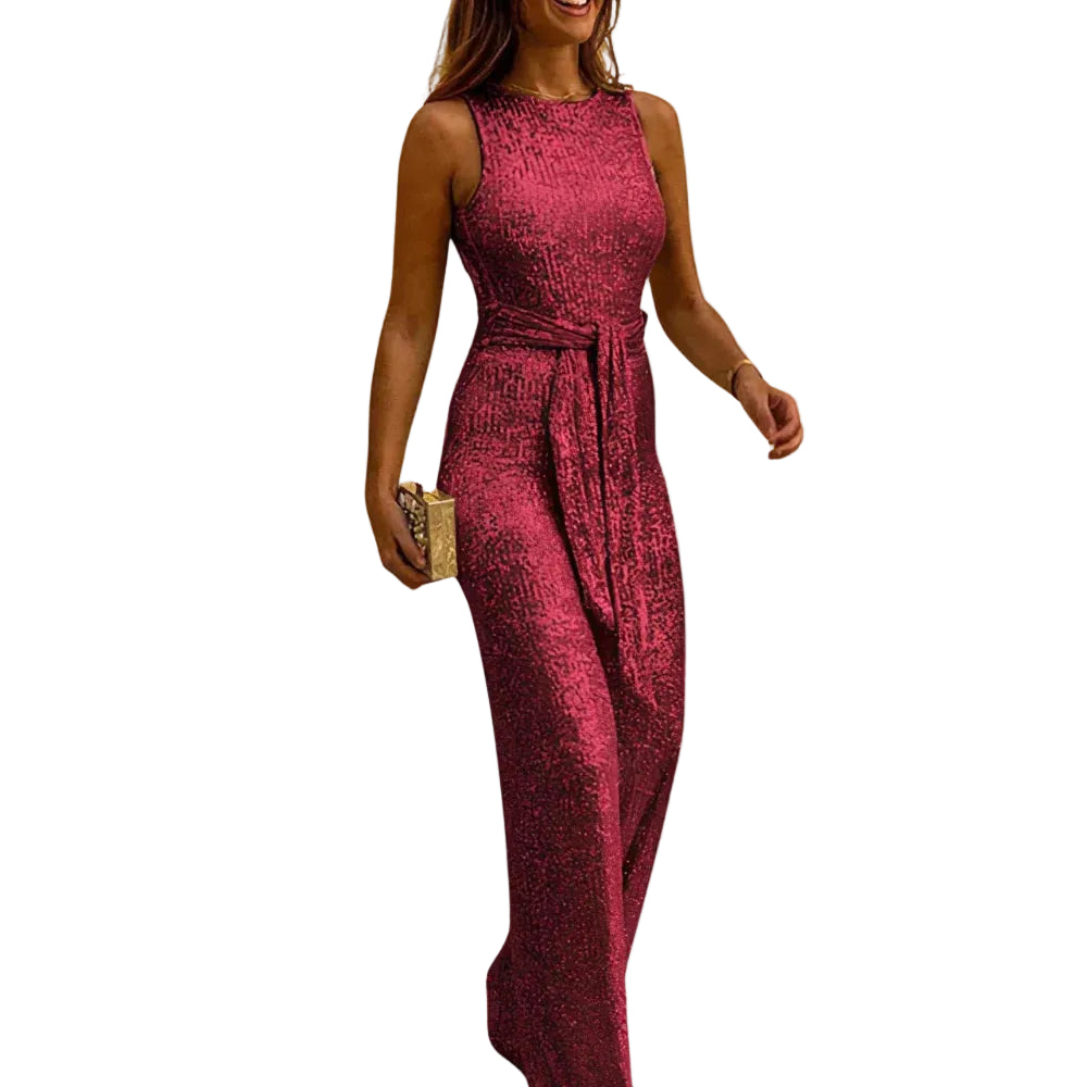 Women’s Sleeveless Glitter Wide Leg Jumpsuit with Waist Tie