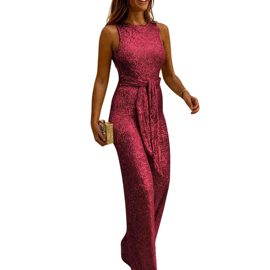 Women’s Sleeveless Glitter Wide Leg Jumpsuit with Waist Tie