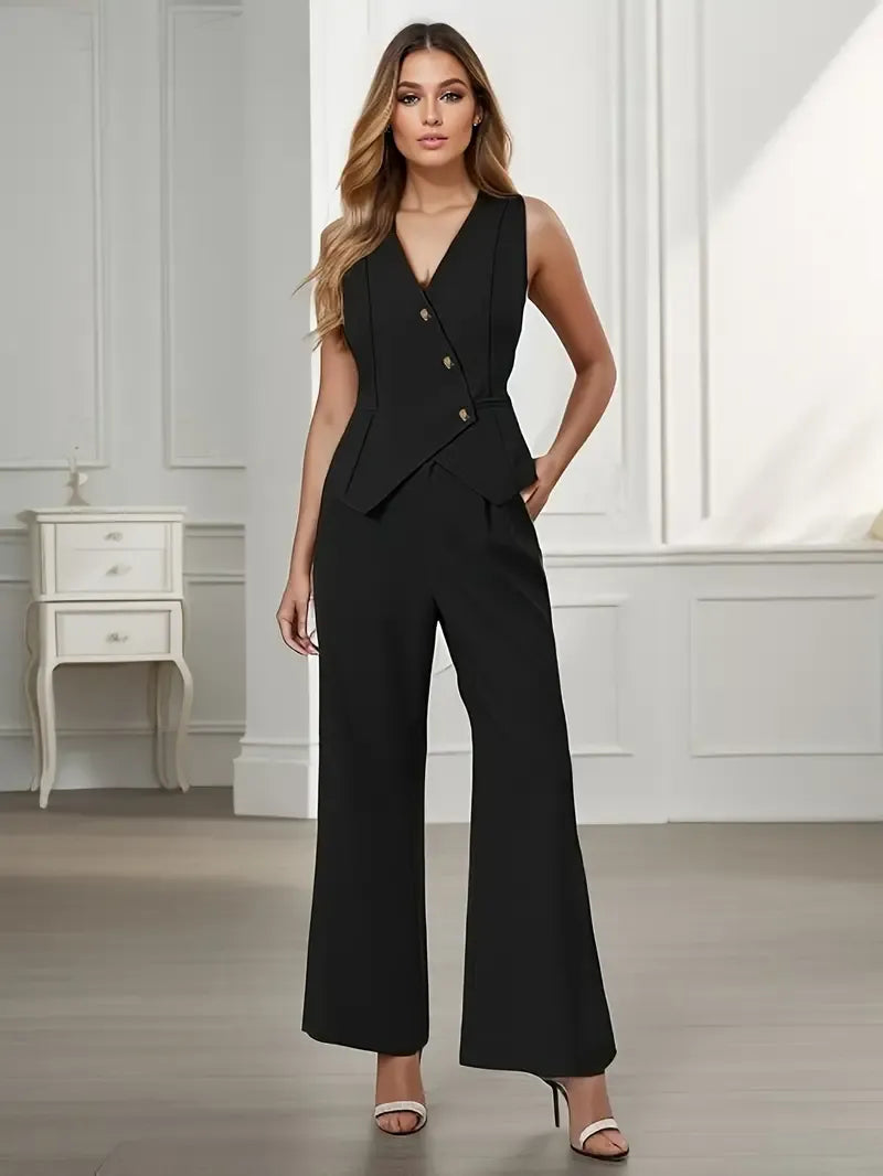 Women’s Sleeveless Jumpsuit with Button Front and Wide Leg