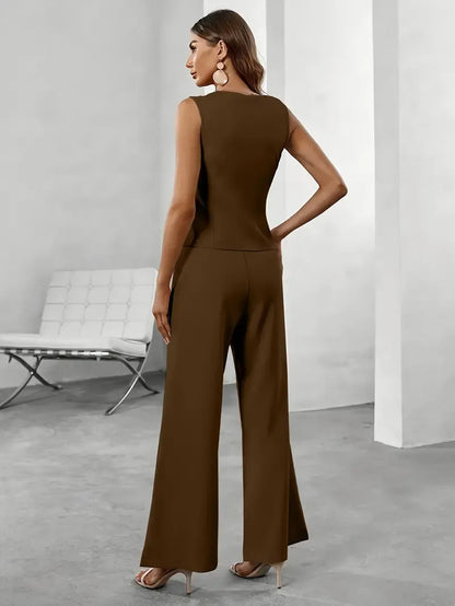 Women’s Sleeveless Jumpsuit with Button Front and Wide Leg