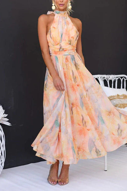Women’s Sleeveless Maxi Dress with Halter Neck and Flowing Skirt