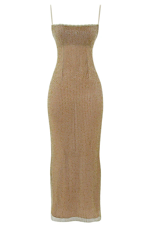 Women’s Sleeveless Maxi Dress with Thin Straps and Sequin Surface
