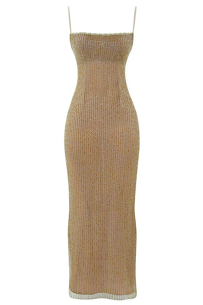 Women’s Sleeveless Maxi Dress with Thin Straps and Sequin Surface