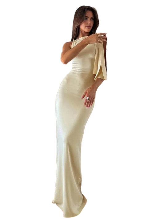 Women’s Sleeveless Maxi Dress with Asymmetric Neck and Draped Detail