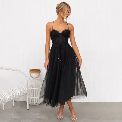 Women’s Sleeveless Midi Dress with Fitted Bodice and Sheer Overlay