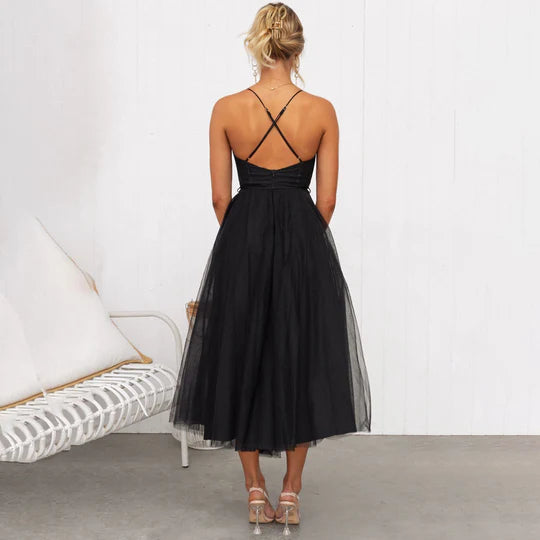 Women’s Sleeveless Midi Dress with Fitted Bodice and Sheer Overlay