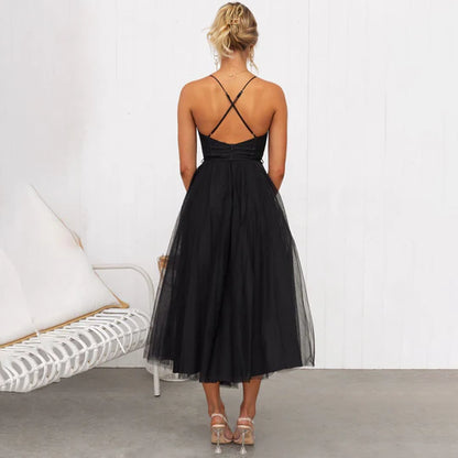 Women’s Sleeveless Midi Dress with Fitted Bodice and Sheer Overlay
