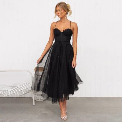 Women’s Sleeveless Midi Dress with Fitted Bodice and Sheer Overlay