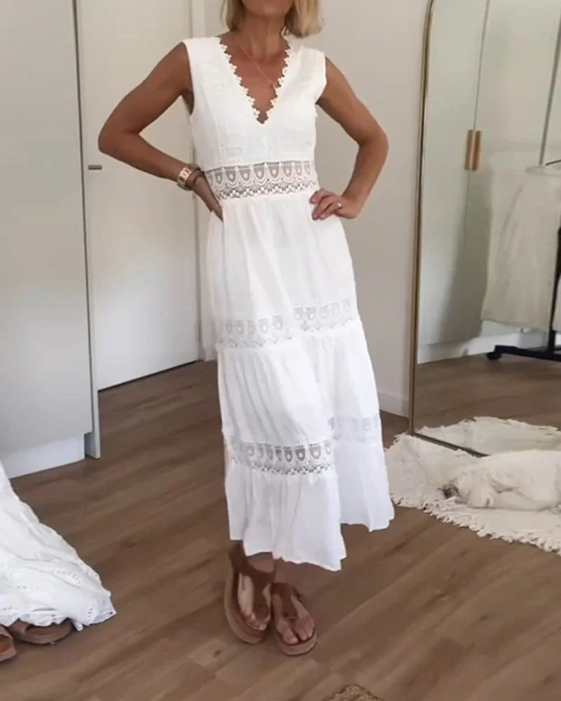 Women’s Sleeveless Midi Dress with Lace Detail and Flowy Hem