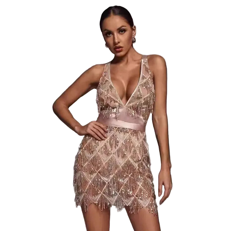 Women’s Sleeveless Mini Dress with Sequin Pattern and Fringe Hem