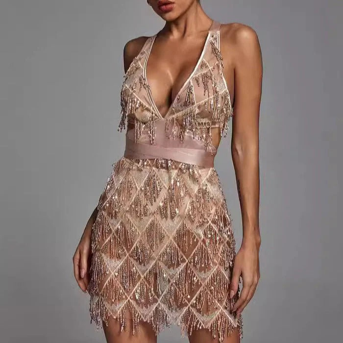 Women’s Sleeveless Mini Dress with Sequin Pattern and Fringe Hem