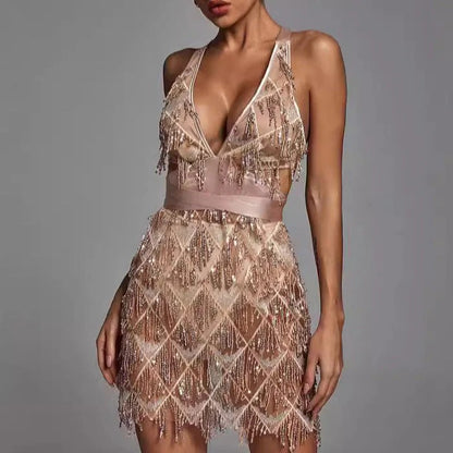 Women’s Sleeveless Mini Dress with Sequin Pattern and Fringe Hem