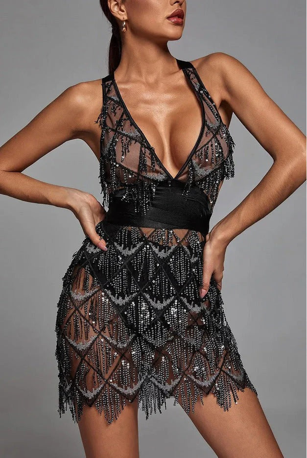 Women’s Sleeveless Mini Dress with Sequin Pattern and Fringe Hem