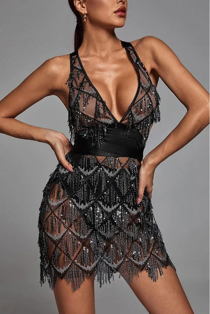 Women’s Sleeveless Mini Dress with Sequin Pattern and Fringe Hem