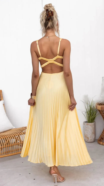 Women’s Sleeveless Pleated Dress with V-Neckline and Midi Length
