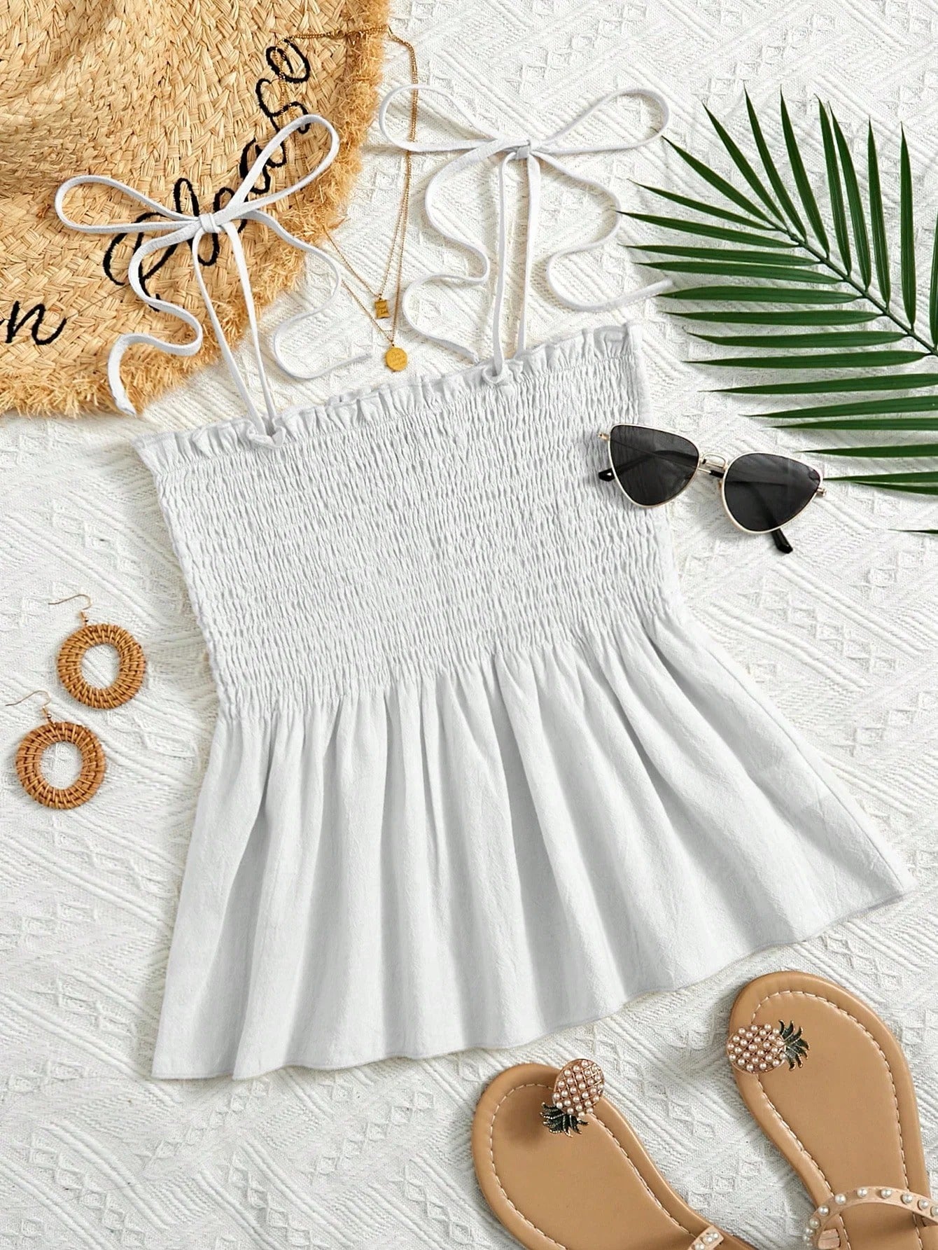 Women’s Sleeveless Top with Adjustable Tie Straps and Shirred Bodice