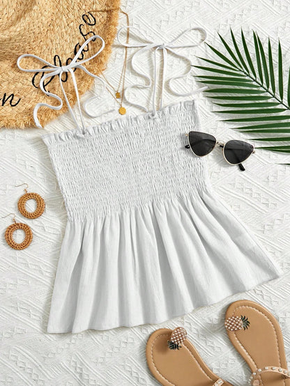 Women’s Sleeveless Top with Adjustable Tie Straps and Shirred Bodice