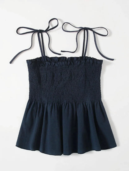 Women’s Sleeveless Top with Adjustable Tie Straps and Shirred Bodice