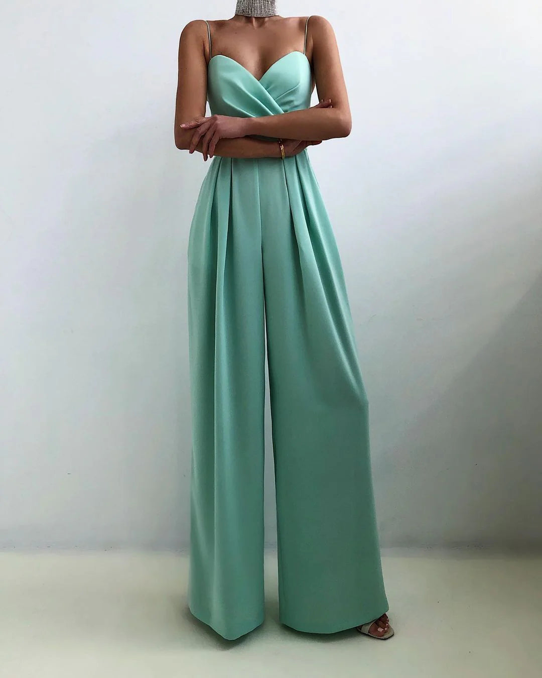 Women’s Sleeveless Wide Leg Jumpsuit with V-Neck Wrap Front