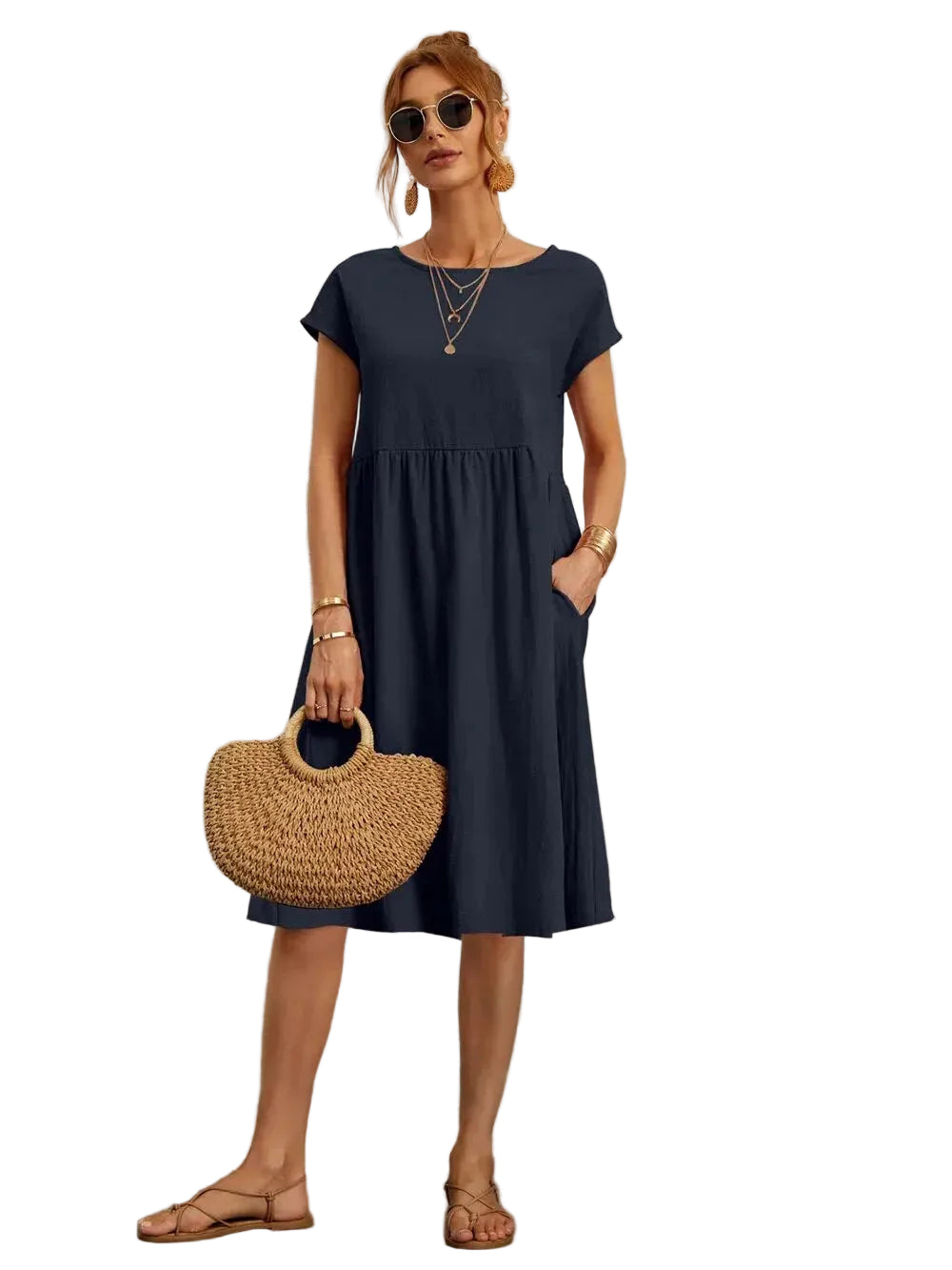 Women’s Solid Color Midi Dress with Short Sleeves and Round Neck