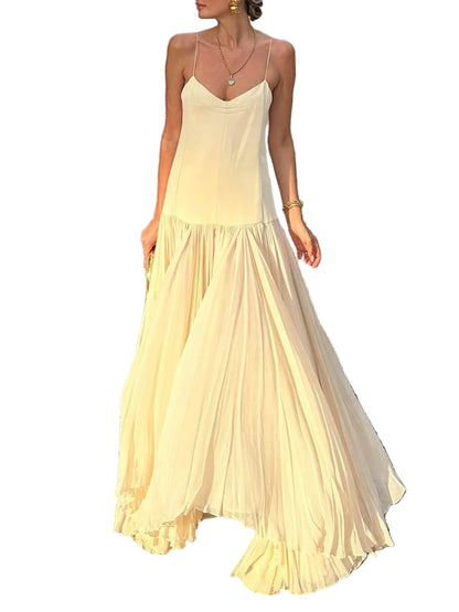 Women’s Spaghetti Strap Maxi Dress with Pleated Skirt and Tiered Hem