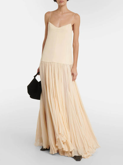 Women’s Spaghetti Strap Maxi Dress with Pleated Skirt and Tiered Hem