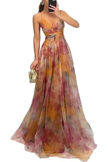 Women’s Spaghetti Strap Maxi Dress with V-Neck and Printed Skirt