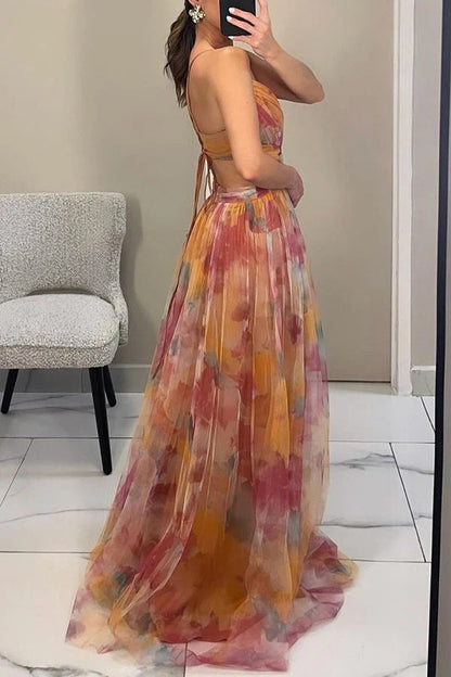 Women’s Spaghetti Strap Maxi Dress with V-Neck and Printed Skirt