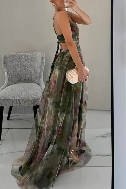 Women’s Spaghetti Strap Maxi Dress with V-Neck and Printed Skirt