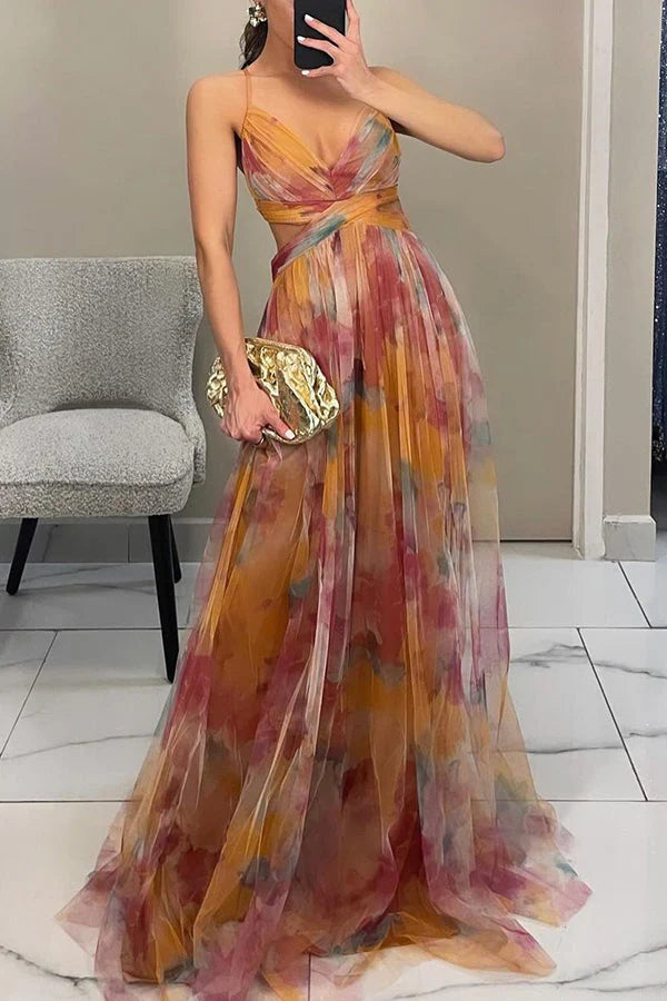 Women’s Spaghetti Strap Maxi Dress with V-Neck and Printed Skirt