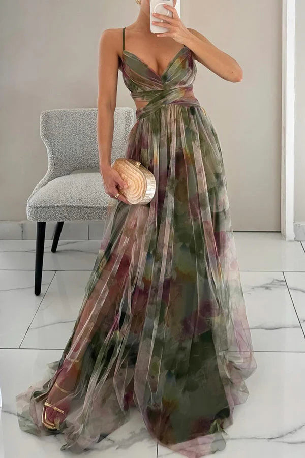 Women’s Spaghetti Strap Maxi Dress with V-Neck and Printed Skirt