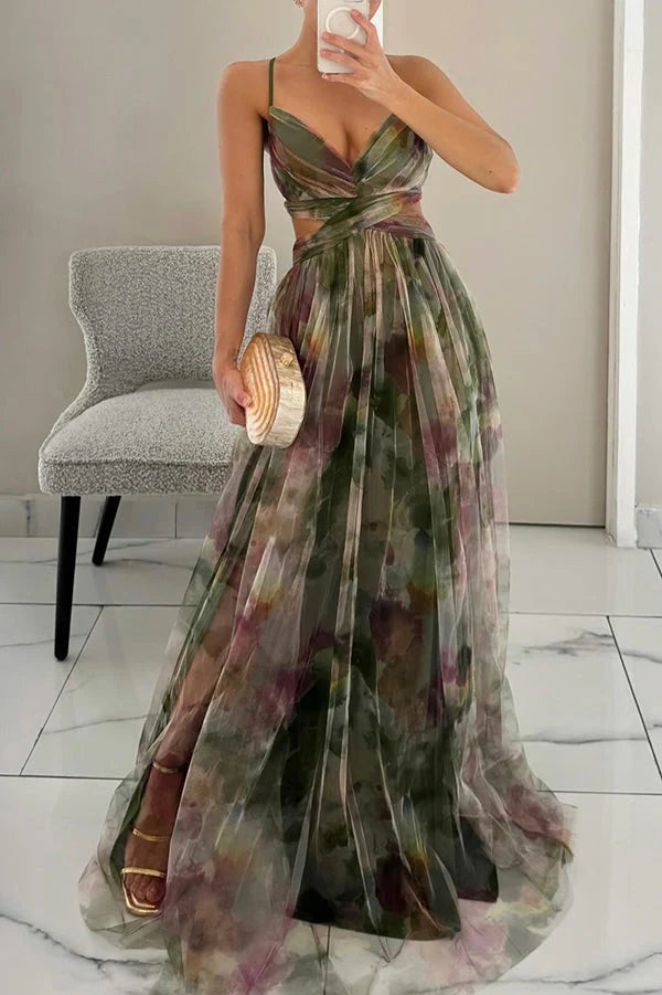 Women’s Spaghetti Strap Maxi Dress with V-Neck and Printed Skirt
