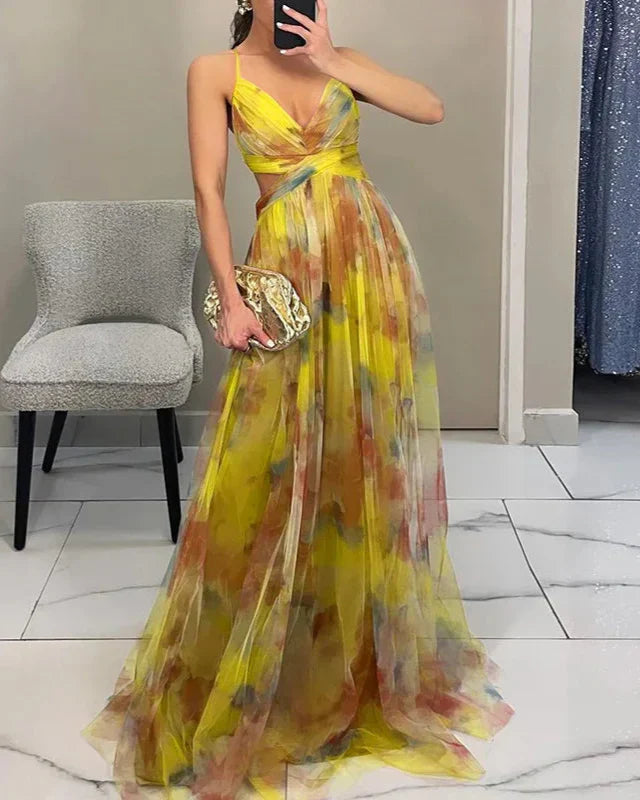 Women’s Spaghetti Strap Maxi Dress with V-Neck and Printed Skirt